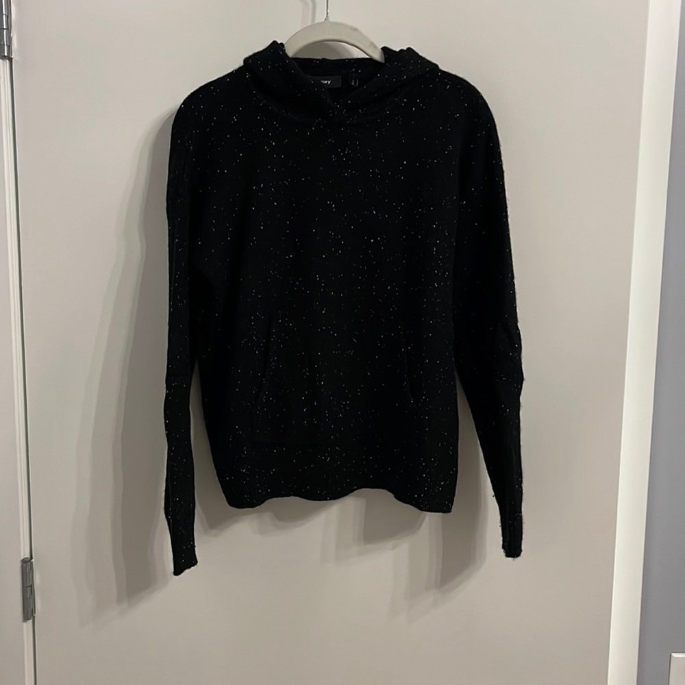 Theory cashmere hoodie with pocket, black with white specks, size medium